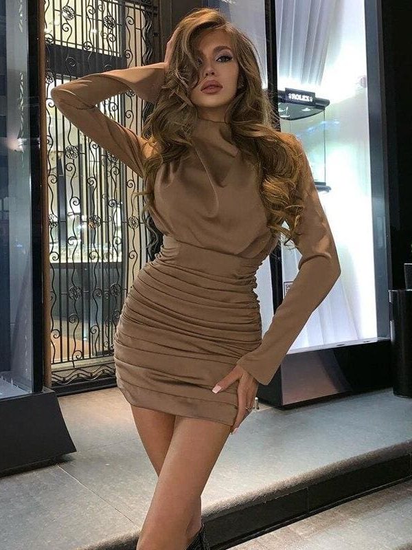 The Best Women Autumn Bodycon Long Sleeve Dress Fashion Elegant Ladies Evening Party Casual Slim Fit Mini Pleated Dress Online - Takalr