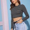 The Best Women Autumn Crop Top Ladies Long Sleeve Striped Shirt Tank Vest Casual Fitness Pullover Tee Tops T-Shirt Online - Takalr