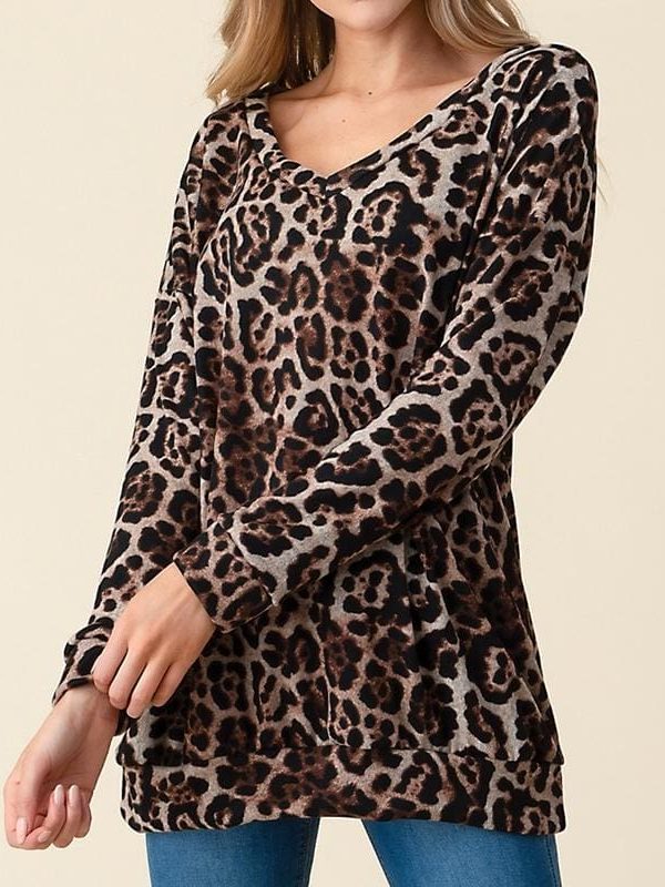 The Best Women Autumn Leopard Print Long Sleeve Button V Neck T Shirt Casual Tops Baggy Fashion Loose Blouse Online - Takalr