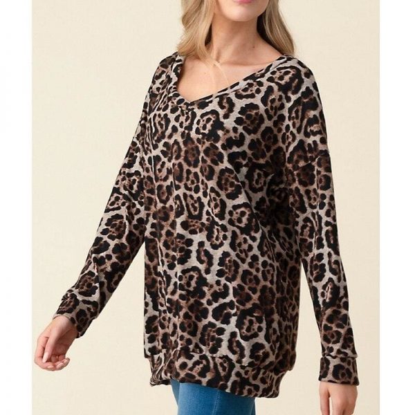 The Best Women Autumn Leopard Print Long Sleeve Button V Neck T Shirt Casual Tops Baggy Fashion Loose Blouse Online - Takalr