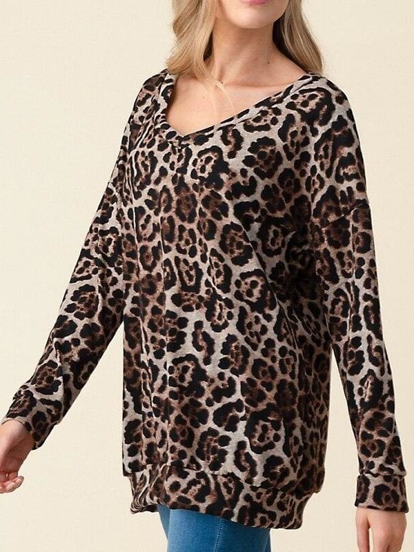 The Best Women Autumn Leopard Print Long Sleeve Button V Neck T Shirt Casual Tops Baggy Fashion Loose Blouse Online - Takalr