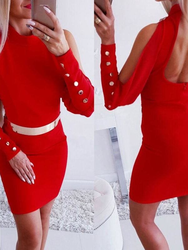 The Best Women Autumn Long Sleeve Bodycon Dress Elegant Ladies High Neck OL Party Casual Holiday Slim Short Dress Online - Takalr