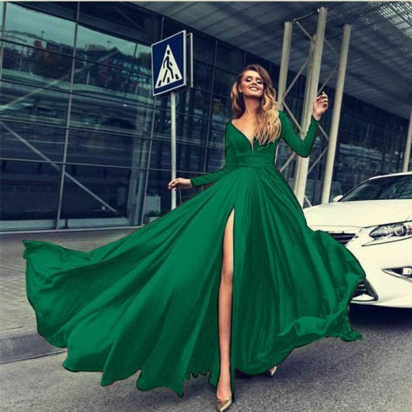 The Best Women Autumn Long Sleeve Maxi Dress Elegant Split Formal Evening Party Dress Fashion V neck Women vestidos Online - Takalr