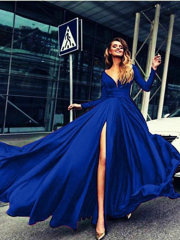 The Best Women Autumn Long Sleeve Maxi Dress Elegant Split Formal Evening Party Dress Fashion V neck Women vestidos Online - Takalr