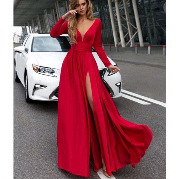 The Best Women Autumn Long Sleeve Maxi Dress Elegant Split Formal Evening Party Dress Fashion V neck Women vestidos Online - Takalr