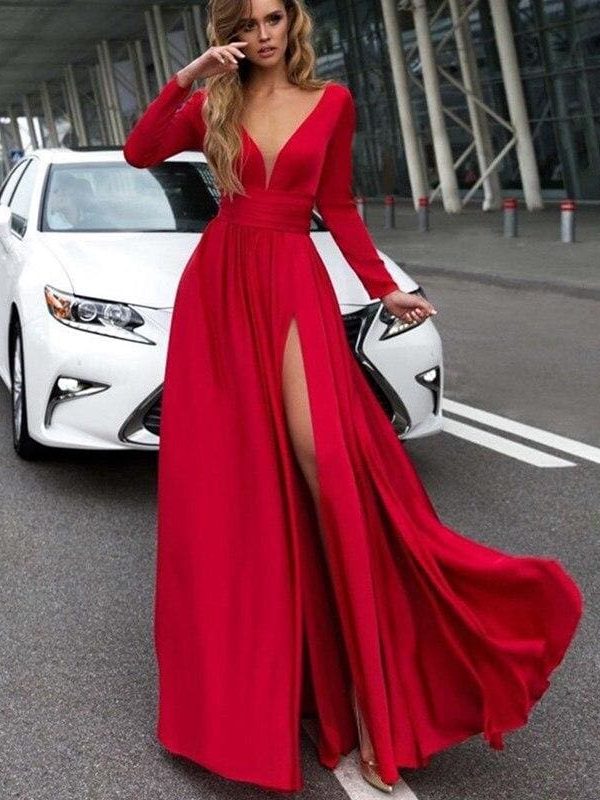 The Best Women Autumn Long Sleeve Maxi Dress Elegant Split Formal Evening Party Dress Fashion V neck Women vestidos Online - Takalr