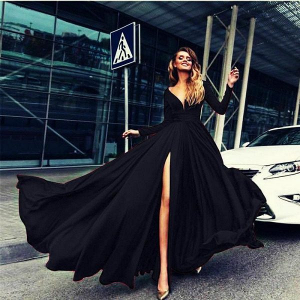 The Best Women Autumn Long Sleeve Maxi Dress Elegant Split Formal Evening Party Dress Fashion V neck Women vestidos Online - Takalr