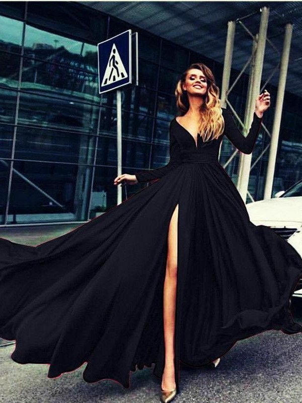 The Best Women Autumn Long Sleeve Maxi Dress Elegant Split Formal Evening Party Dress Fashion V neck Women vestidos Online - Takalr