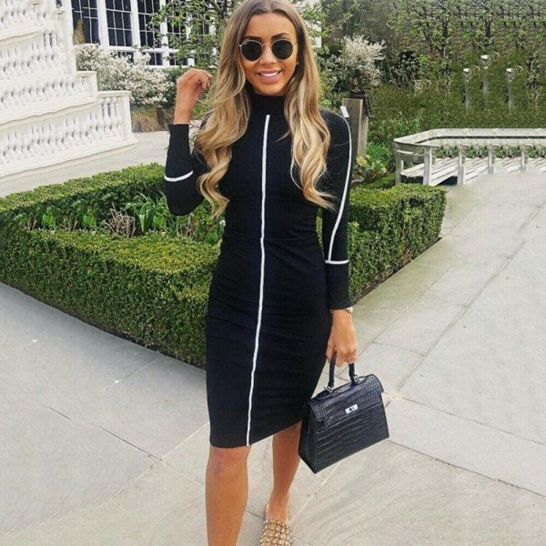 The Best Women Autumn Long Sleeve Short Dress Secy Ladies Slim Fit High Neck Dress Bodycon Bandage Casual Slim Dresses Online - Takalr