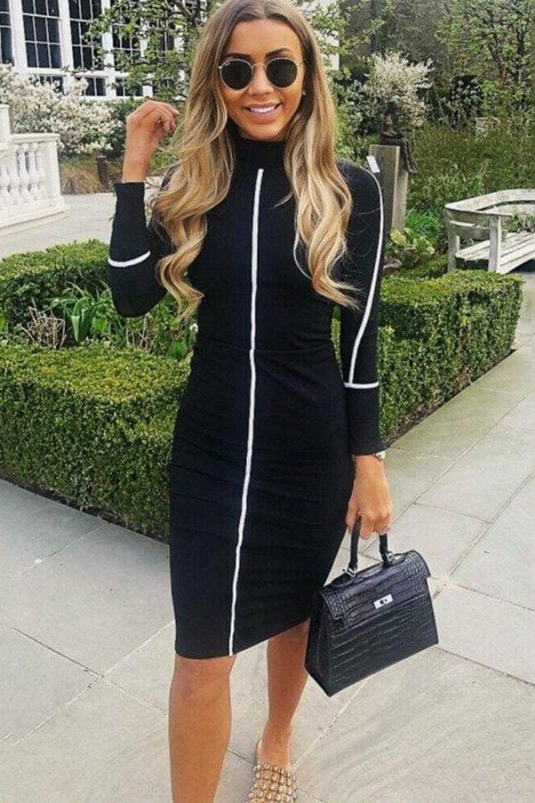 The Best Women Autumn Long Sleeve Short Dress Secy Ladies Slim Fit High Neck Dress Bodycon Bandage Casual Slim Dresses Online - Takalr