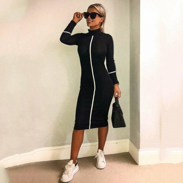 The Best Women Autumn Long Sleeve Short Dress Secy Ladies Slim Fit High Neck Dress Bodycon Bandage Casual Slim Dresses Online - Takalr