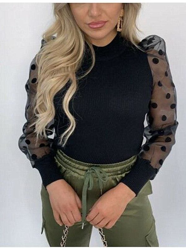 The Best Women Autumn Mesh Puff Long Sleeve Ribbed Knitted Shirt Loose Casual Polka Dots Blouse Tops Elegant Turtleneck Party Clubwear Online - Takalr