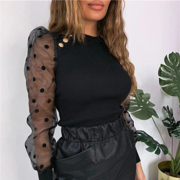 The Best Women Autumn Mesh Puff Long Sleeve Ribbed Knitted Shirt Loose Casual Polka Dots Blouse Tops Elegant Turtleneck Party Clubwear Online - Takalr