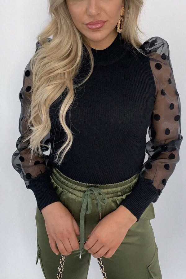 The Best Women Autumn Mesh Puff Long Sleeve Ribbed Knitted Shirt Loose Casual Polka Dots Blouse Tops Elegant Turtleneck Party Clubwear Online - Takalr