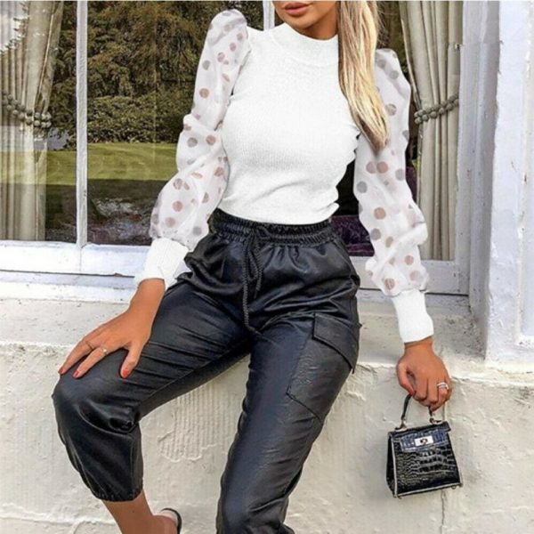 The Best Women Autumn Mesh Puff Long Sleeve Ribbed Knitted Shirt Loose Casual Polka Dots Blouse Tops Elegant Turtleneck Party Clubwear Online - Takalr