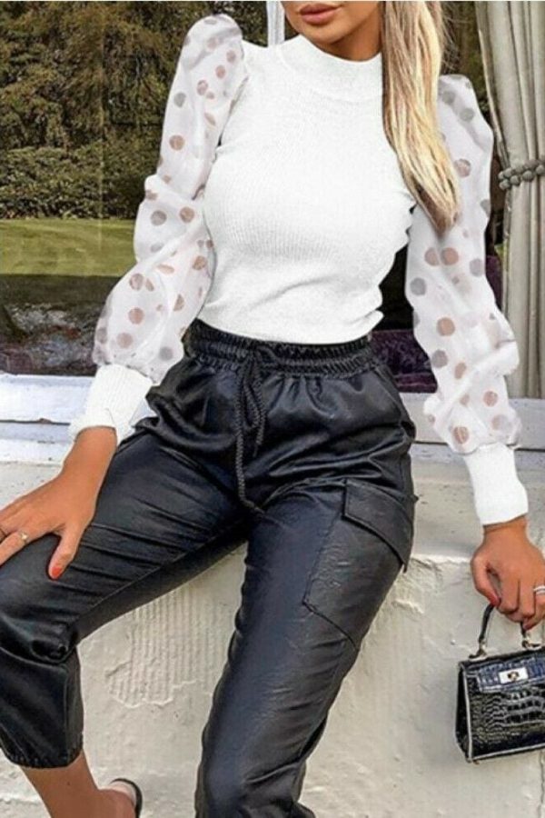 The Best Women Autumn Mesh Puff Long Sleeve Ribbed Knitted Shirt Loose Casual Polka Dots Blouse Tops Elegant Turtleneck Party Clubwear Online - Takalr