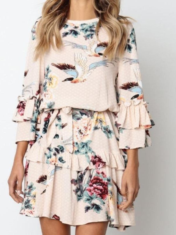 The Best Women Autumn Spring Elegant Vintage Floral Ruffles Mini Dress Chsinese Printed Casual Dress Online - Takalr