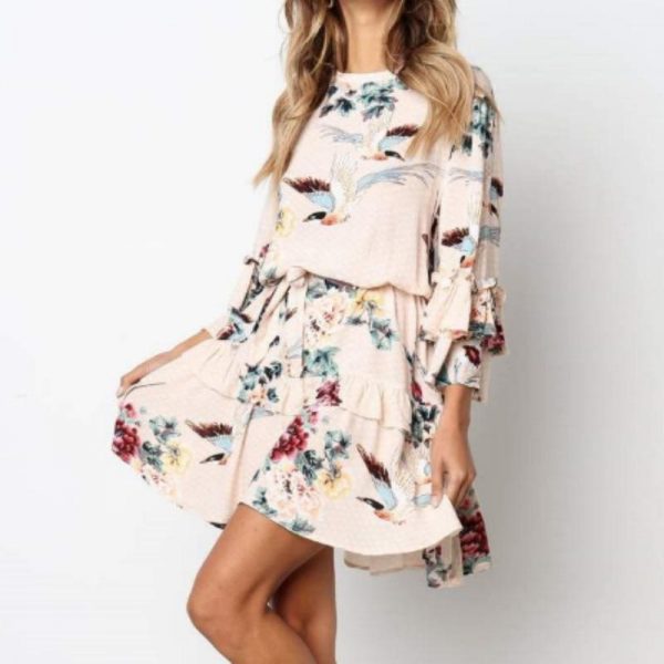 The Best Women Autumn Spring Elegant Vintage Floral Ruffles Mini Dress Chsinese Printed Casual Dress Online - Takalr