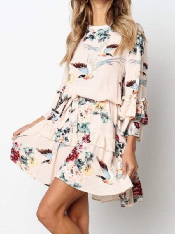 The Best Women Autumn Spring Elegant Vintage Floral Ruffles Mini Dress Chsinese Printed Casual Dress Online - Takalr