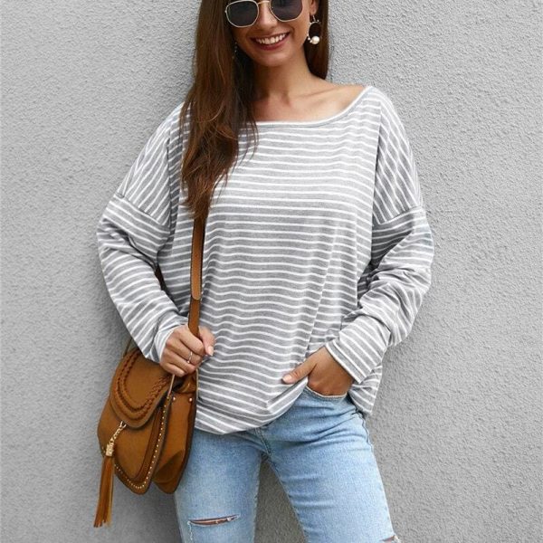 The Best Women Autumn Stripe T shirt Long Sleeve Loose Tee shirt Femme Ladies harajuku tshirt Elegant Plain ulzzang dames Streetwear Online - Takalr