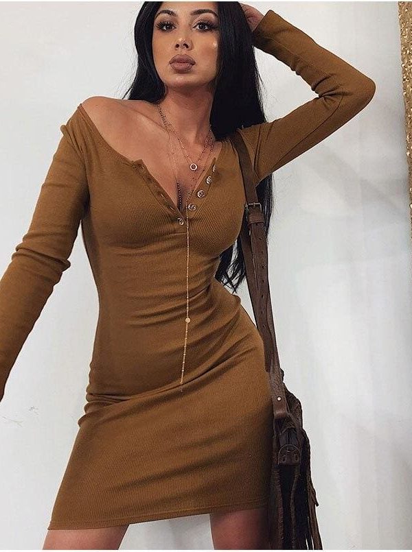 The Best Women Autumn Winter Casual Plain Bodycon Mini Dress Elegant Long Sleeve V Neck Slim Bandage Stretch Ladies Dresses Streetwear Online - Takalr