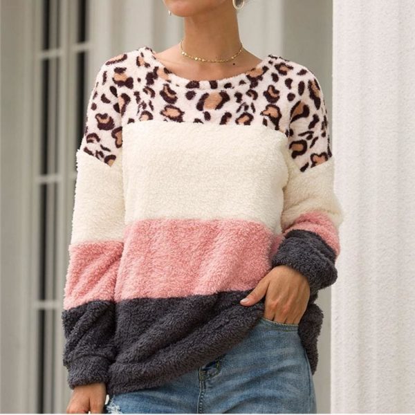 The Best Women Autumn Winter Warm Leopard Print Hoodies and Sweatshirt Elegant Long Sleeve Pullover Stripe Patchwork Ladies Streetwear Online - Takalr