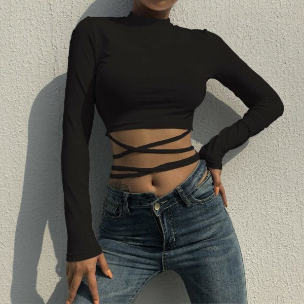 The Best Women Bandage Tight Crop Tops Long Sleeve Bodycon Long Sleeve T shirt Ladies Plain Tee shirt Femme Party Club Tshirt Online - Takalr