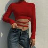 The Best Women Bandage Tight Crop Tops Long Sleeve Bodycon Long Sleeve T shirt Ladies Plain Tee shirt Femme Party Club Tshirt Online - Takalr