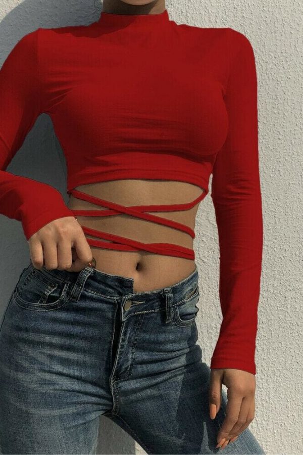 The Best Women Bandage Tight Crop Tops Long Sleeve Bodycon Long Sleeve T shirt Ladies Plain Tee shirt Femme Party Club Tshirt Online - Takalr