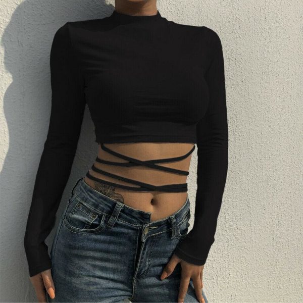 The Best Women Bandage Tight Crop Tops Long Sleeve Bodycon Long Sleeve T shirt Ladies Plain Tee shirt Femme Party Club Tshirt Online - Takalr