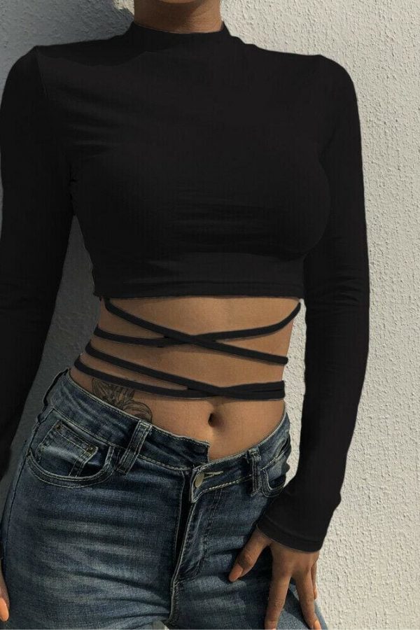 The Best Women Bandage Tight Crop Tops Long Sleeve Bodycon Long Sleeve T shirt Ladies Plain Tee shirt Femme Party Club Tshirt Online - Takalr