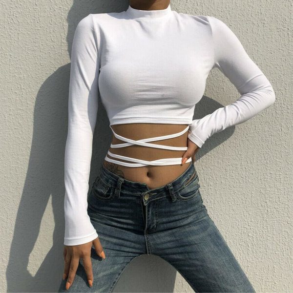 The Best Women Bandage Tight Crop Tops Long Sleeve Bodycon Long Sleeve T shirt Ladies Plain Tee shirt Femme Party Club Tshirt Online - Takalr