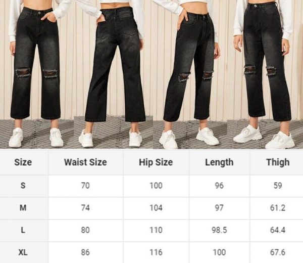 The Best Women Black Destroyed Ripped Hole Casual Jeans Straight Wide Leg Denim Trousers Ladies High Waist Long Jeans Pants Online - Takalr