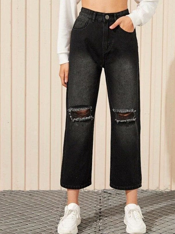 The Best Women Black Destroyed Ripped Hole Casual Jeans Straight Wide Leg Denim Trousers Ladies High Waist Long Jeans Pants Online - Takalr