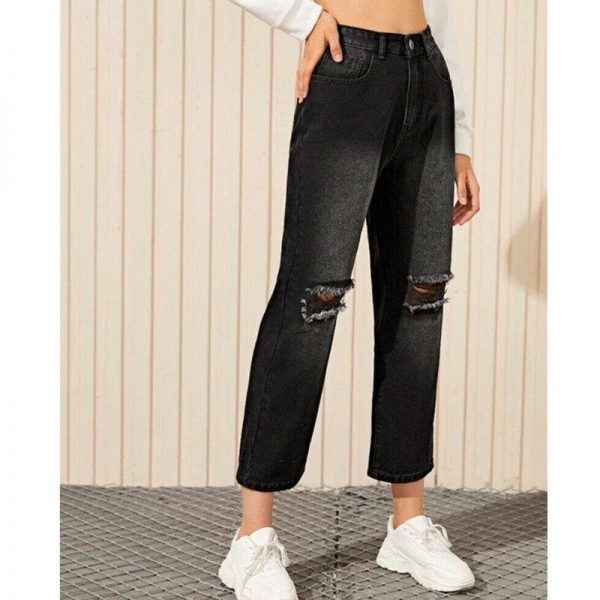 The Best Women Black Destroyed Ripped Hole Casual Jeans Straight Wide Leg Denim Trousers Ladies High Waist Long Jeans Pants Online - Takalr