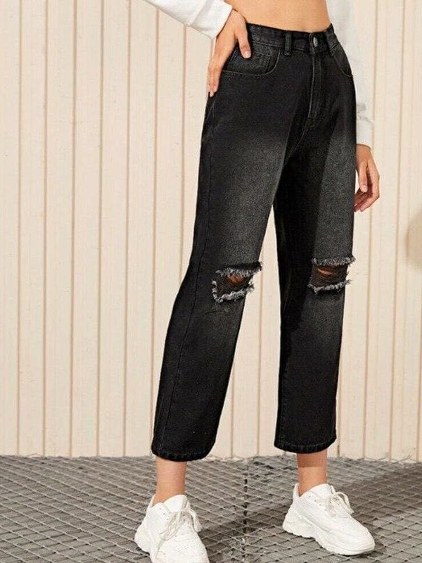 The Best Women Black Destroyed Ripped Hole Casual Jeans Straight Wide Leg Denim Trousers Ladies High Waist Long Jeans Pants Online - Takalr