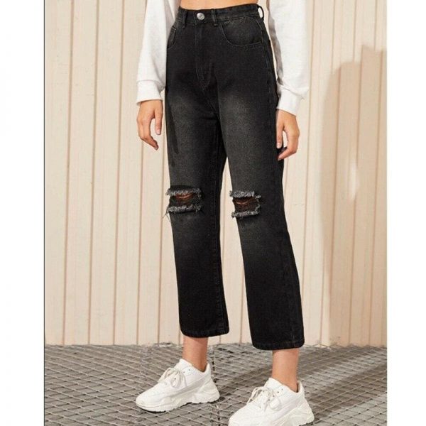 The Best Women Black Destroyed Ripped Hole Casual Jeans Straight Wide Leg Denim Trousers Ladies High Waist Long Jeans Pants Online - Takalr