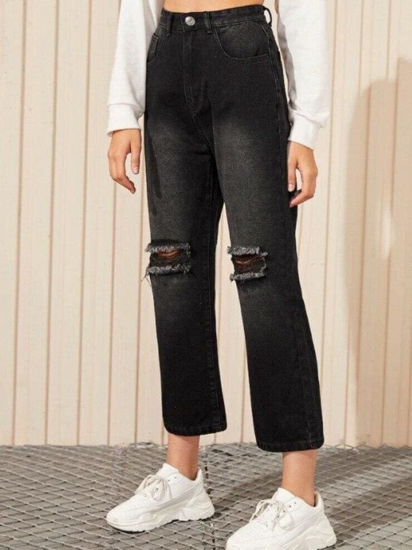 The Best Women Black Destroyed Ripped Hole Casual Jeans Straight Wide Leg Denim Trousers Ladies High Waist Long Jeans Pants Online - Takalr