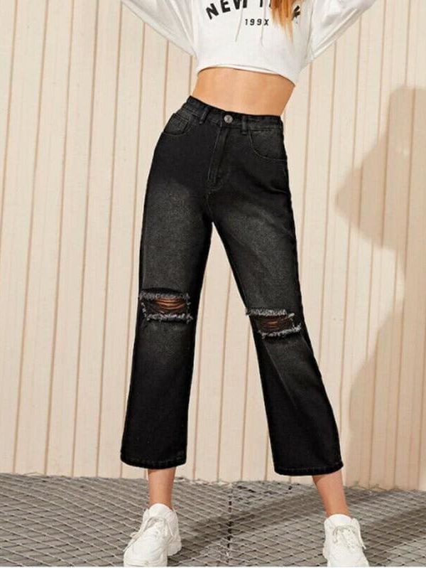 The Best Women Black Destroyed Ripped Hole Casual Jeans Straight Wide Leg Denim Trousers Ladies High Waist Long Jeans Pants Online - Takalr