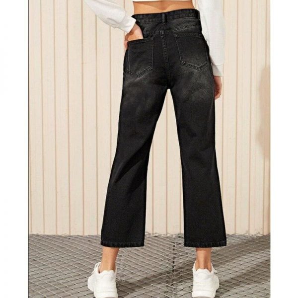 The Best Women Black Destroyed Ripped Hole Casual Jeans Straight Wide Leg Denim Trousers Ladies High Waist Long Jeans Pants Online - Takalr