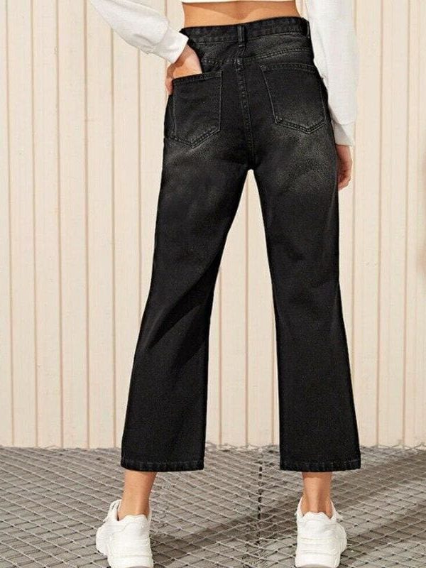 The Best Women Black Destroyed Ripped Hole Casual Jeans Straight Wide Leg Denim Trousers Ladies High Waist Long Jeans Pants Online - Takalr