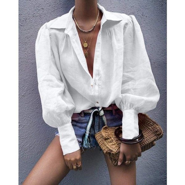 The Best Women Blouse Fashion Lantern Sleeve Loose Blouse V Neck Casual Office Lady Shirts Tops Autumn Womens Clothing Top Femme Online - Takalr