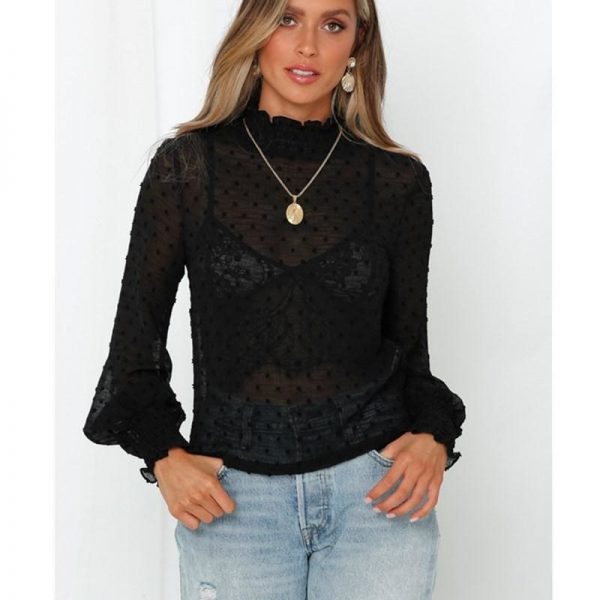 The Best Women Blouse Shirt High Neck Polka Dot Mesh Sheer See-Through Long Sleeve Tops Tee Shirt Online - Takalr