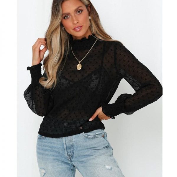 The Best Women Blouse Shirt High Neck Polka Dot Mesh Sheer See-Through Long Sleeve Tops Tee Shirt Online - Takalr