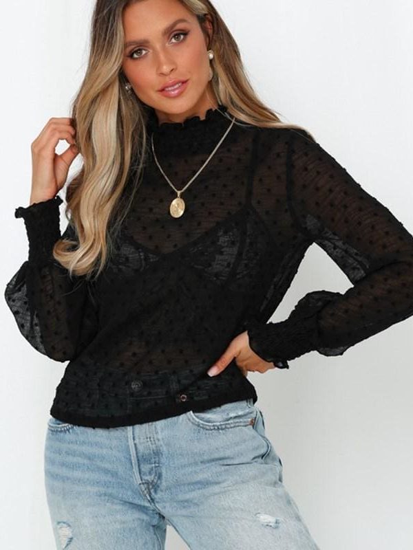 The Best Women Blouse Shirt High Neck Polka Dot Mesh Sheer See-Through Long Sleeve Tops Tee Shirt Online - Takalr