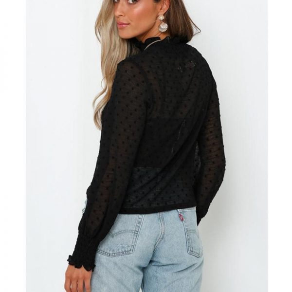 The Best Women Blouse Shirt High Neck Polka Dot Mesh Sheer See-Through Long Sleeve Tops Tee Shirt Online - Takalr