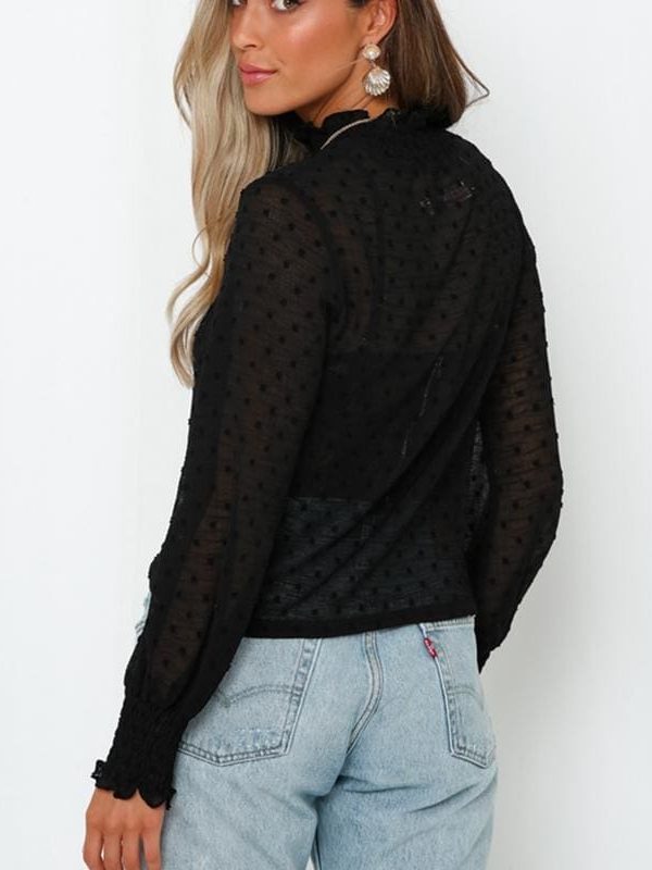 The Best Women Blouse Shirt High Neck Polka Dot Mesh Sheer See-Through Long Sleeve Tops Tee Shirt Online - Takalr