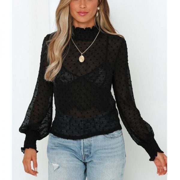 The Best Women Blouse Shirt High Neck Polka Dot Mesh Sheer See-Through Long Sleeve Tops Tee Shirt Online - Takalr