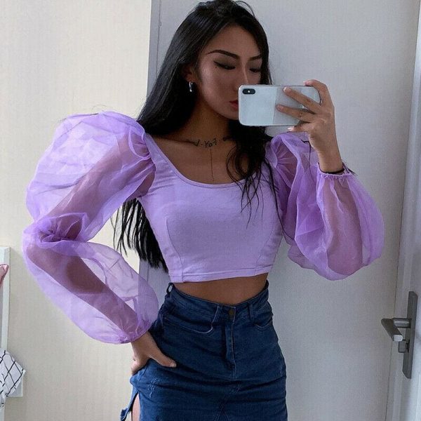 The Best Women Blouse Tops Sheer Long Sleeve Casual Blouse Slimmer Fitting Solid Holiday Crop Tops Shirt Online - Takalr