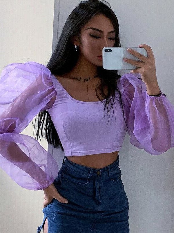 The Best Women Blouse Tops Sheer Long Sleeve Casual Blouse Slimmer Fitting Solid Holiday Crop Tops Shirt Online - Takalr